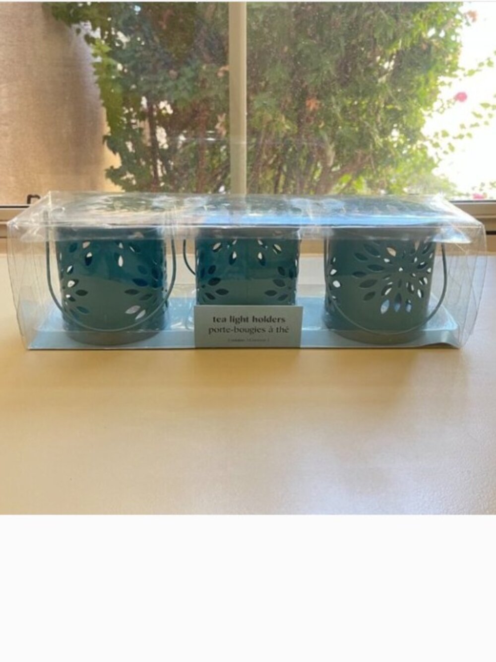 New Pier 1 Tea Light Holders Set of 3 Metal with Handle Teal Turquoise Blue
